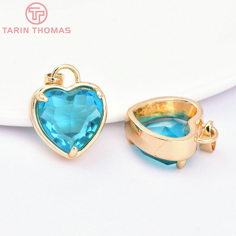 (7518) 6PCS 15x18MM 24K Gold Color Brass with Zircon Heart Charms Pendants High Quality DIY Jewelry Findings Accessories 1