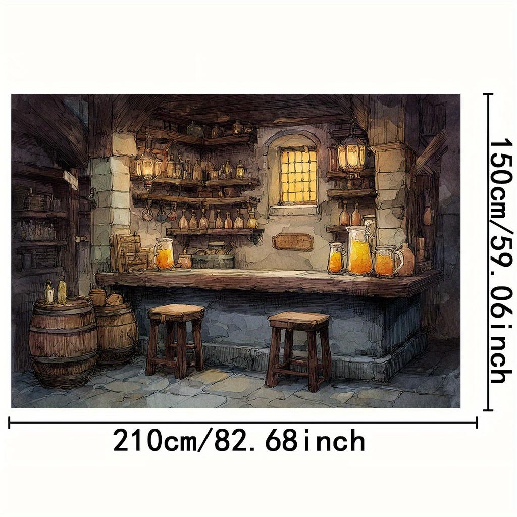 One 2D flat rural tavern background fabric - featuring stone walls, wooden barrels and warm orange beverage cans theme