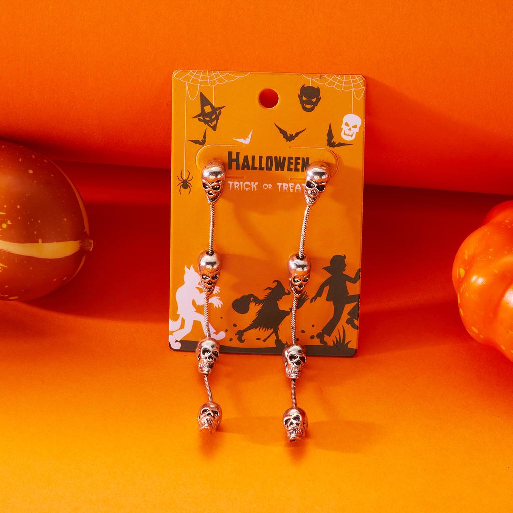 Halloween Long Tassel Skull Head Hanging Earrings for Women Vintage Silver Color Moon Skeleton Drop Earring Girls Party Jewelry
