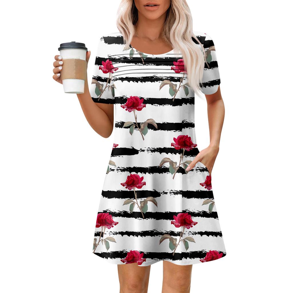 Женские летние повседневные платья с круглым вырезом, плиссированные, с карманами, с принтом, с коротким рукавом