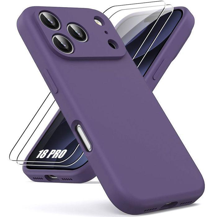 Coque + 2 Verres Trempés pour iPhone 18 Pro, Protection Silicone Souple Anti-Rayures - Violet Foncé