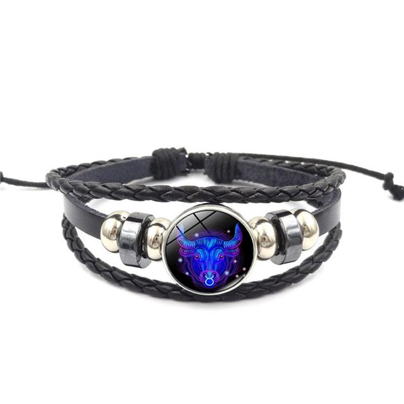 Unisex Snap Bracelet Weaving Fashion 12 Constellation Bead Leather Charm Couple Bangles Gifts