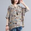 Large Size Loose T-shirt Casual Floral Print Bottom Blouse for Women Vintage O Neck Bat Sleeve Top for Womens