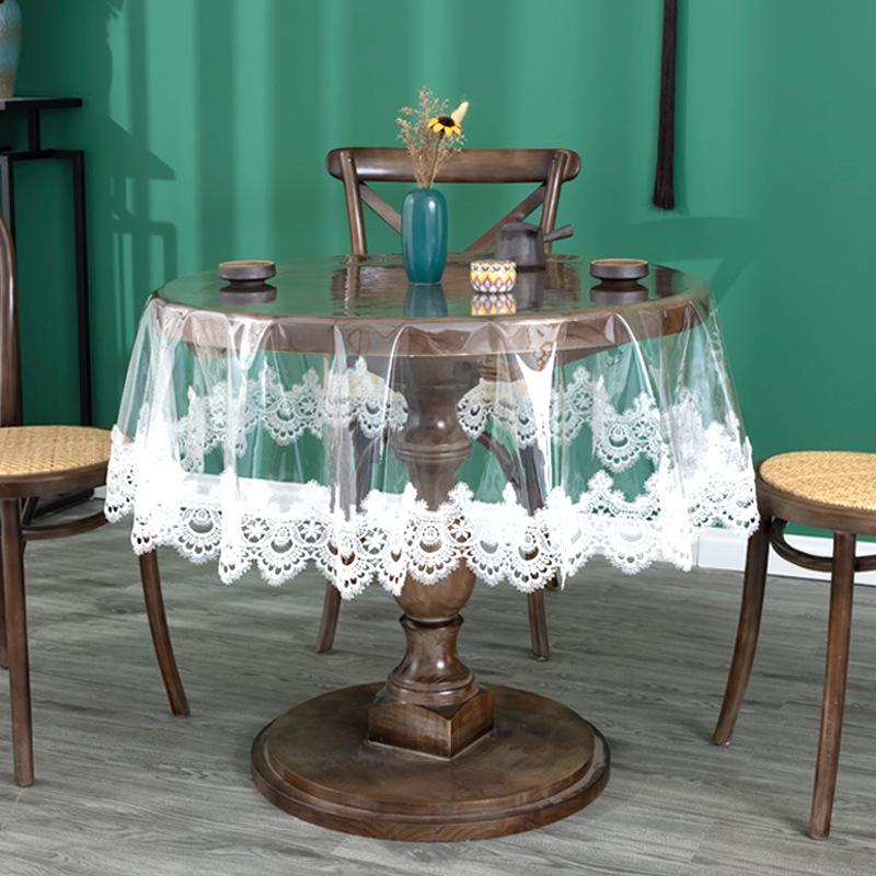 PVC Embroidered Lace Edge Tablecloth Waterproof and Drooping Soft Tablecloth Household Round Table Cloth American Dining Table Tea Table Cloth