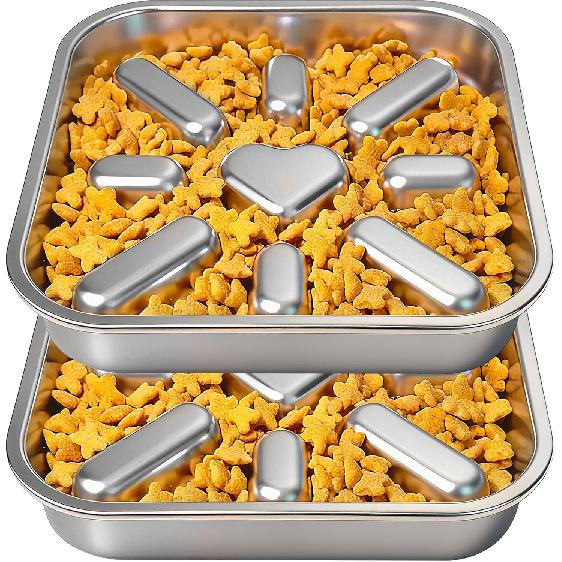 Slow Feeder Dog Bowls with Non-Slip Mat, Stainless Steel Metal Slow Feeder for Small & Medium Dogs, 2 Cups Pet Bowl for Fast Eaters, Slows Down