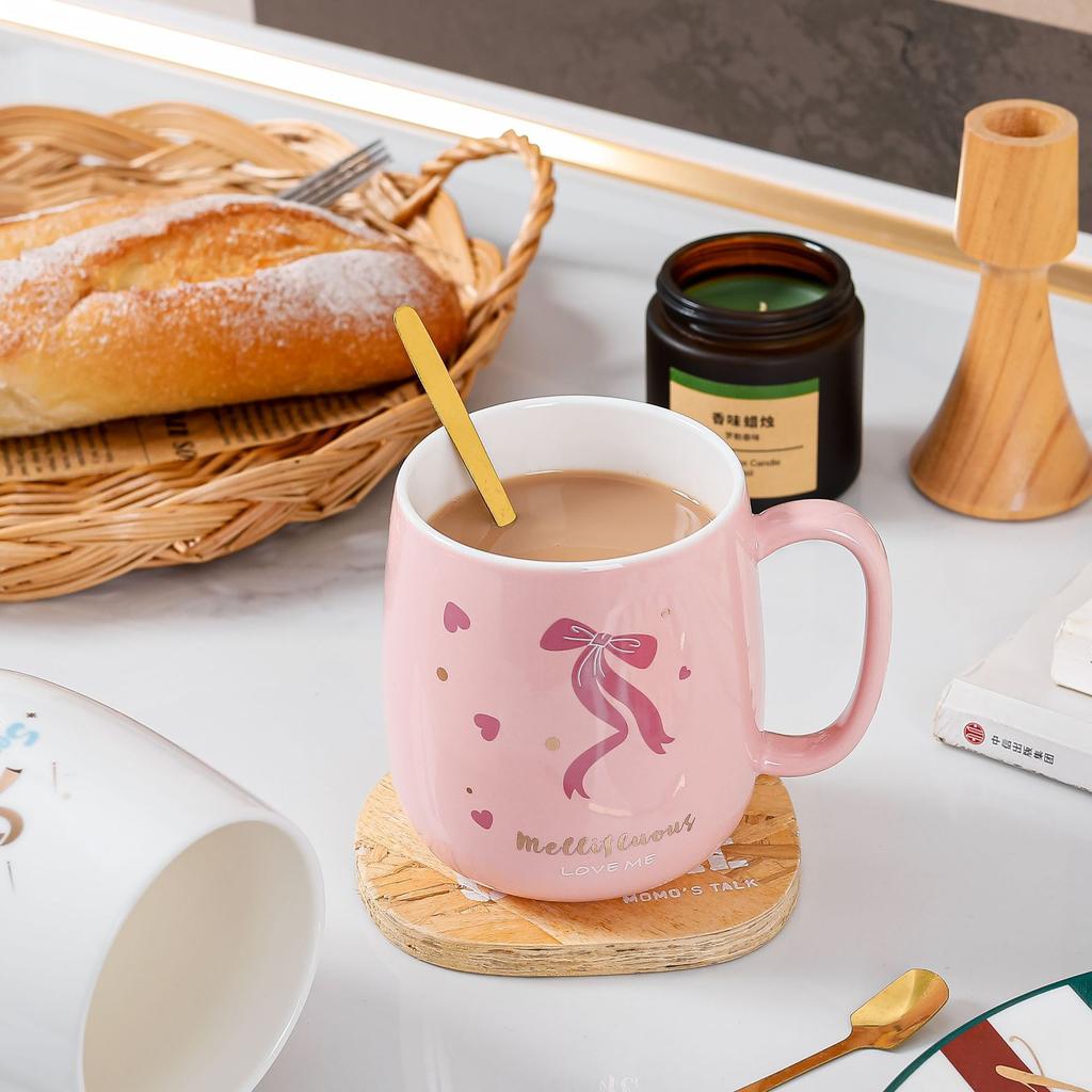 Керамическая чашка с розовой крышкой и бантом в виде сердца для девочек, офисный набор из керамической чашки и ложки, симпатичная кружка
