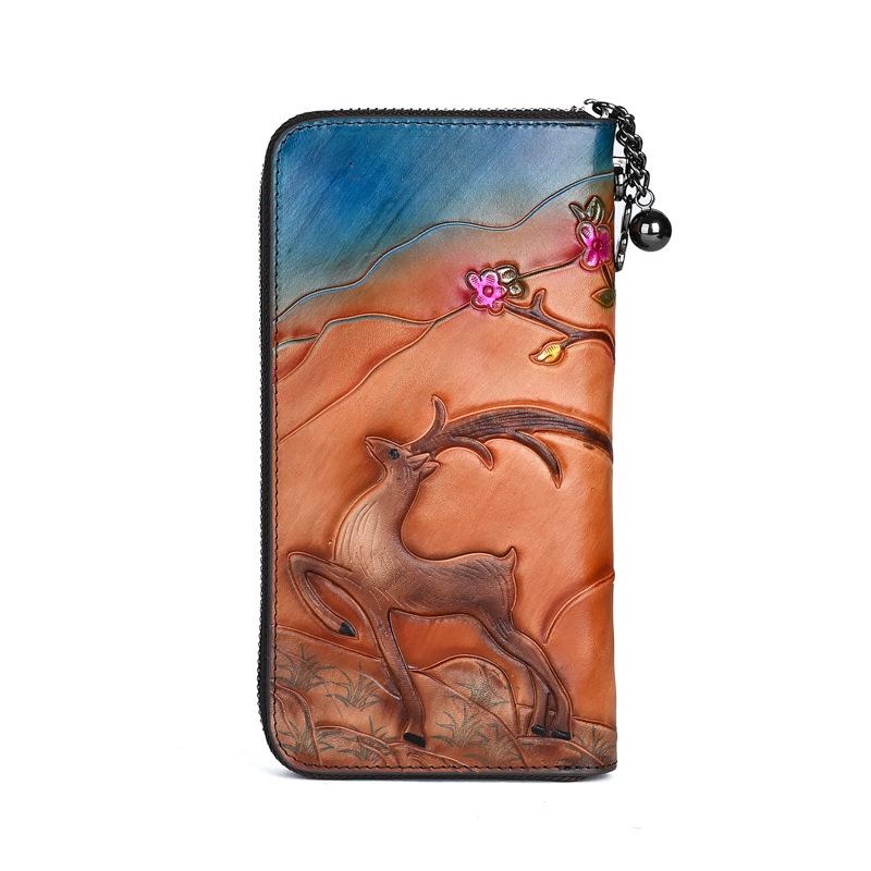 Johnature Vintage Wallet Genuine Leather Deer Head Embossed Women Long Wallets Natural Real Cowhide Hand Purse
