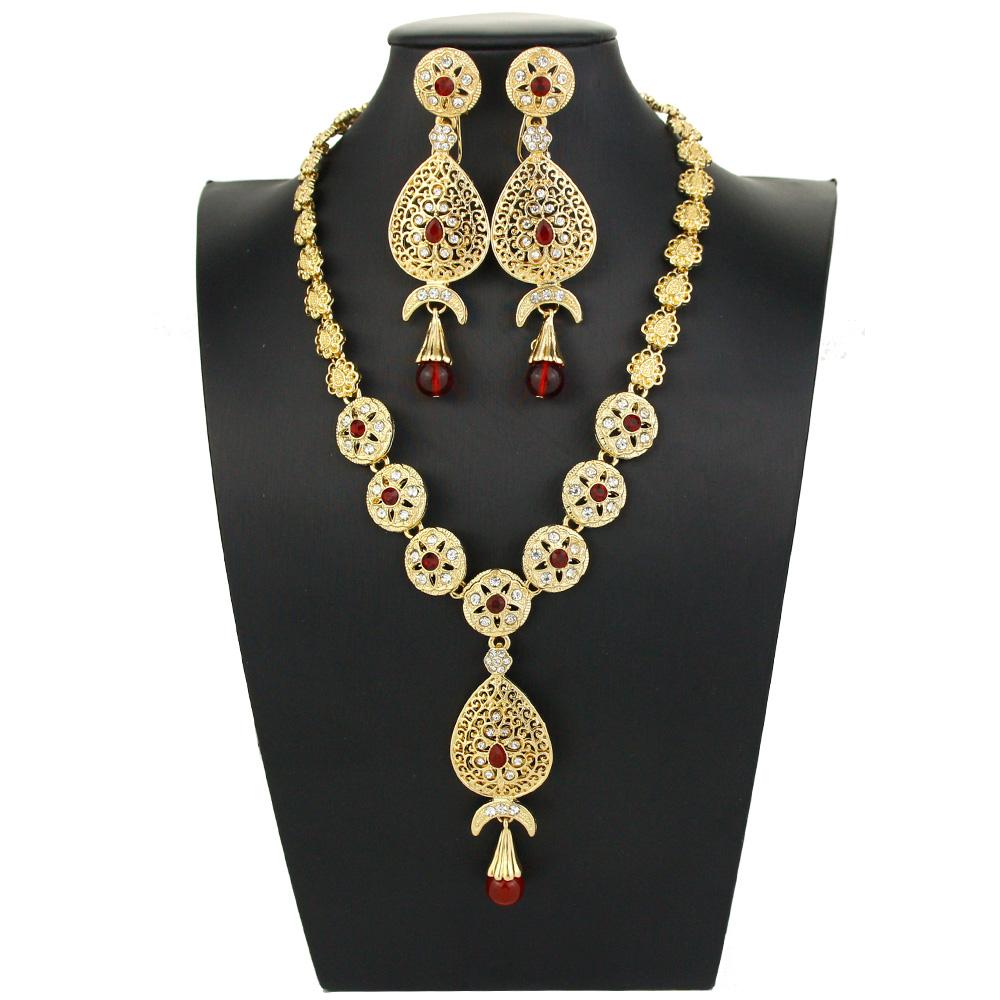 Золотые комплекты ювелирных изделий для невесты, женские длинные серьги-капли с кристаллами, ожерелье с подвеской, арабские свадебные украшения