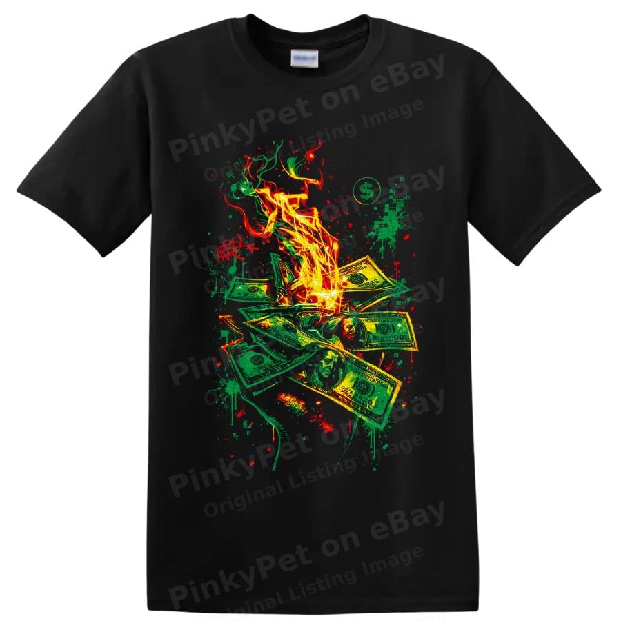 Money Fire T Shirt w/ Burning Dollar Bills Colorful Vivid Street Art Graphic Tee
