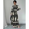 Fashion Vintage Long Sleeve Loose Casual Dresses Women Buttons Lapel A Line Printed Shirt Dress Women High Waist Lace-up Long Dress Spring New 25892