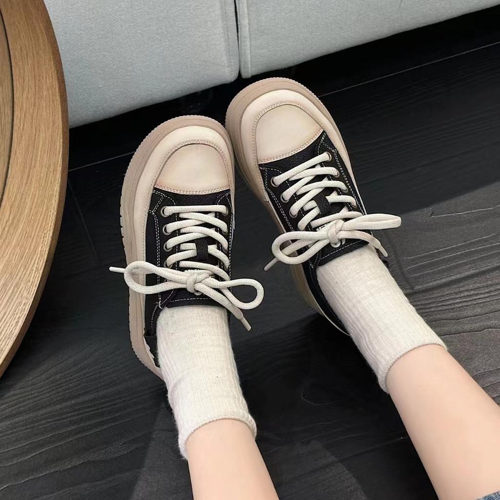 Little white shoes women's first layer cowhide new retro sports and leisure shoes lace up thick sole lightweight soft baseplate shoes
