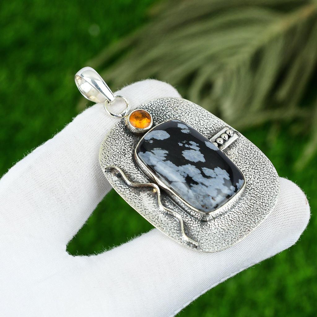 Radiant Snowflake Obsidian Gemstone Citrine Daughter Pendant Jewelry 925 Silver