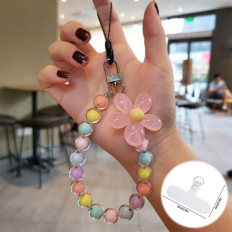 Cell Phone Lanyard Keychain on The Phone Macaron Color Beads Pendant Mobile Phone Rope Flowers Keychains Accessorie