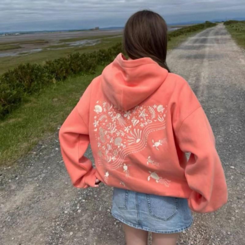 Womens Casual Hooded Embroidered Fleece Sweatshirt Loose Fit Long Sleeve Sportswear Accessory