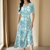 Ladies Casual Fashion Gradient Print V-Neck Short Sleeve Waist Long Swing Dress