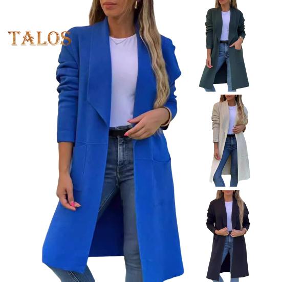 Женская шерстяная куртка с отложным воротником, однотонное трикотажное пальто средней длины, с длинными рукавами, для поездок на работу, свиданий, весна, осень, зима, пальто