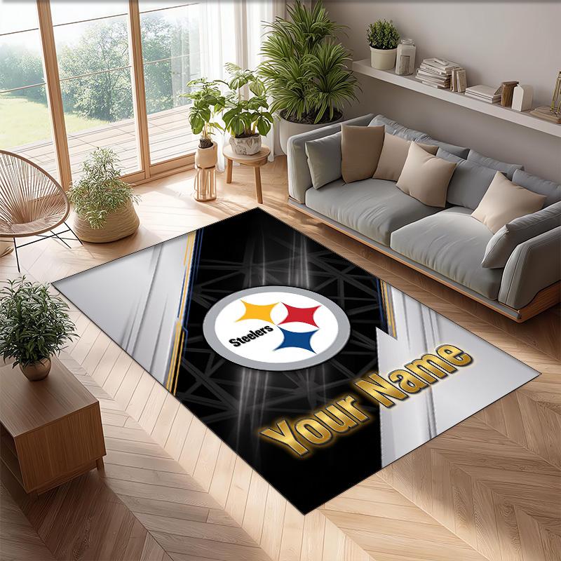 Pittsburgh Steelers Crystal Velvet Rug, Custom Name Text Personalized Non‑Slip Floor Mat for Home Decor Gift