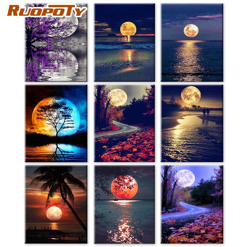 RUOPOTY Paint By Numbers Moon Wall Art Unique Gift DIY Frame Hand Painted Picture By Numbers Landscape For Living Room