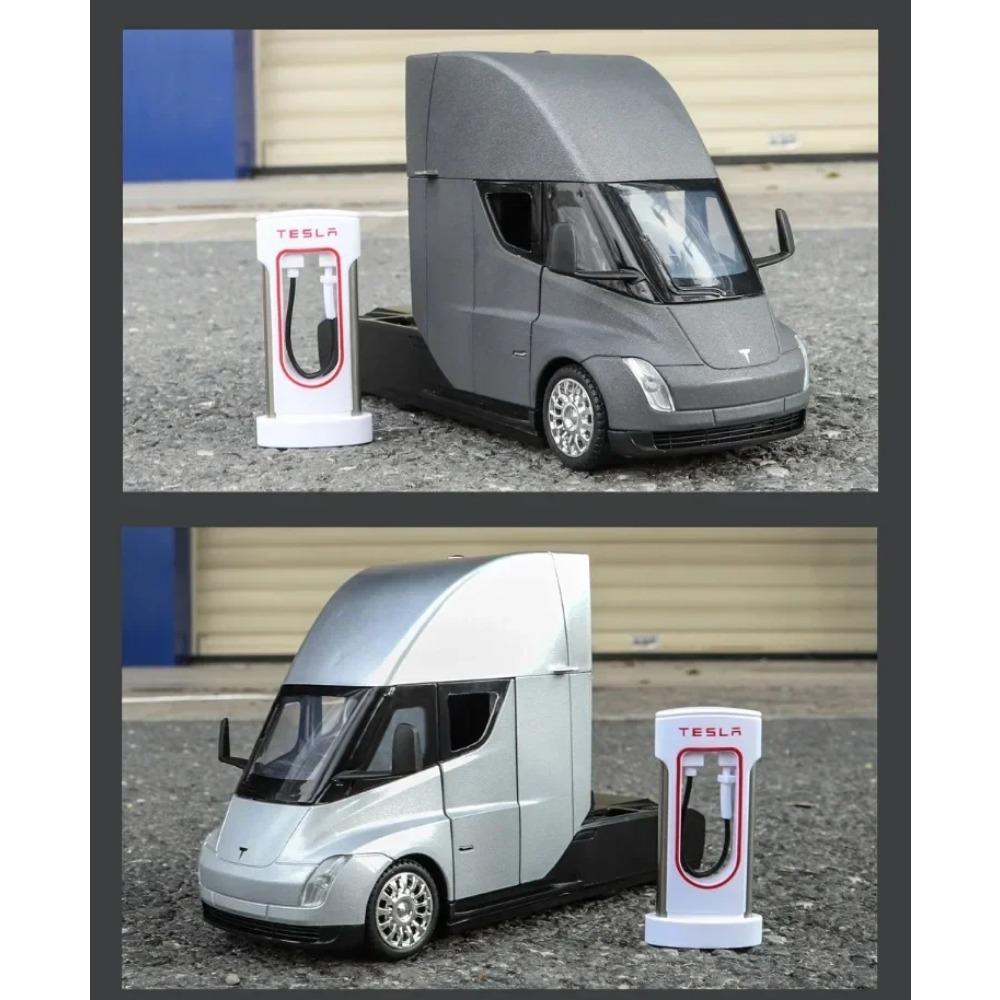 1/24 Scale Tesla Semi Truck Trailer Metal Alloy Diecast Truck Trailer Model Sound & Light Collection Car Model Toy Gift with Boys C325