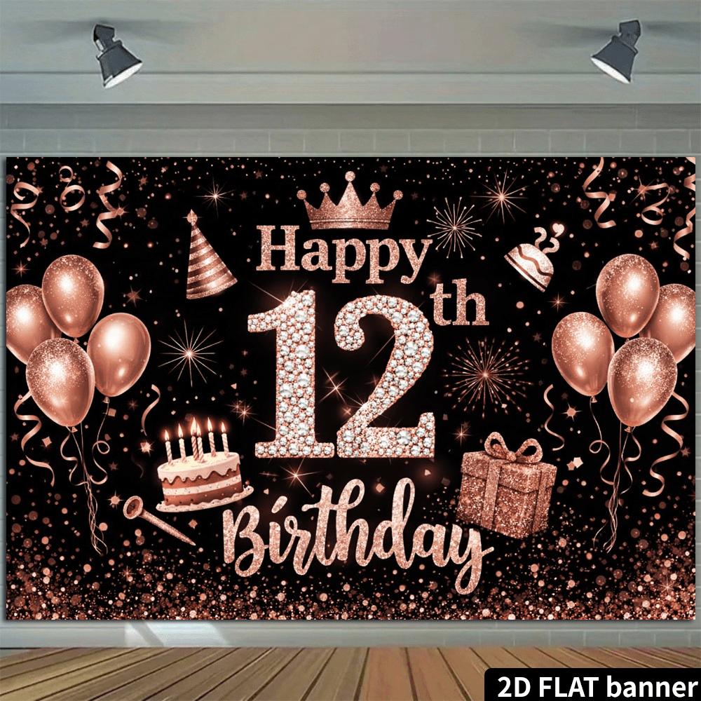 2D Flat Banner, 12th Birthday Backdrop, Rose Golden Theme, Large Number, Birthday Cake, Balloons, Sparkling Decorations, Confetti