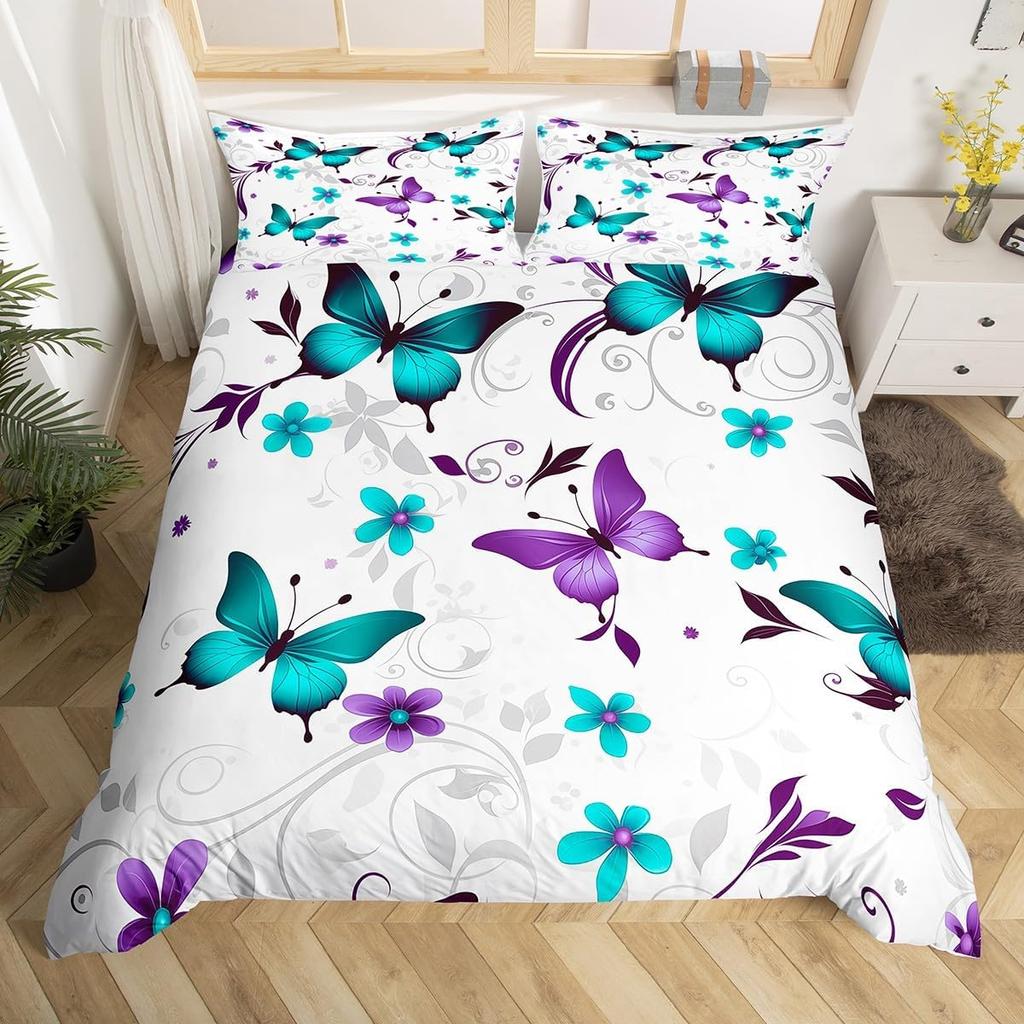 Teal Purple Butterfly Duvet Cover Queen King Size Floral Boho Decor Aesthetic Mandala Bedding Butterfly Print Set 3 Pcs