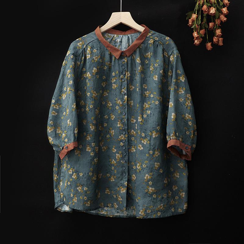 Женский летний костюм из хлопка и льна с коротким рукавом, корейская версия, напечатанный ретро-топ + брюки, женский костюм-двойка