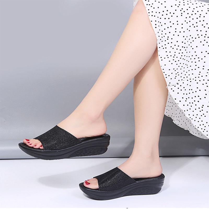 Женские тапочки с блестками, летние римские туфли на толстой подошве, танкетка, односложные женские сандалии и тапочки