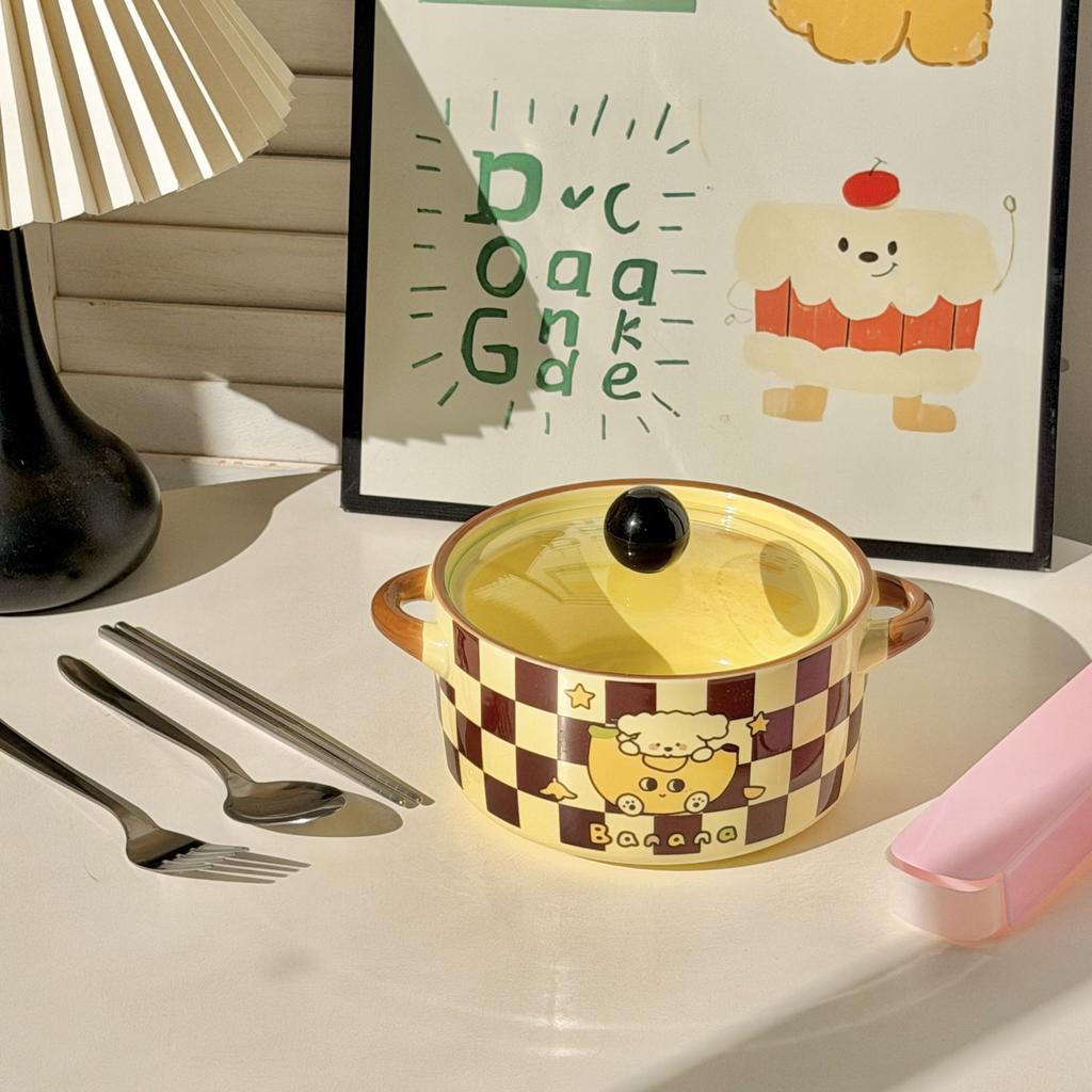 Ins Крем Ветер Банан Щенок Двуручная Миска для Лапши Быстрого Приготовления Студенческое Общежитие Миска для Риса 2025 Новая Миска для Порошка Улитки