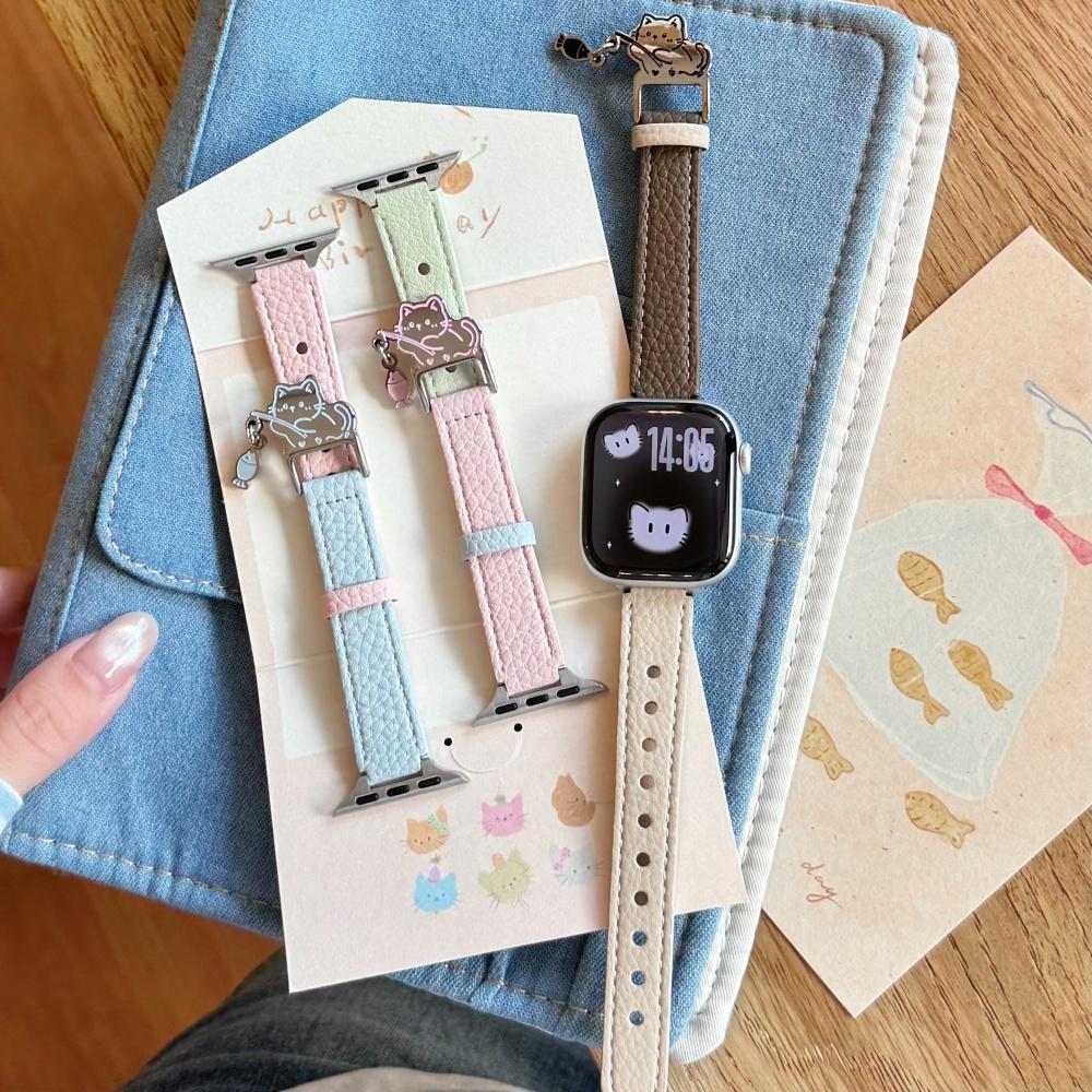 Cute litchi grain leather thin watch band for women for Apple Watch Series 12 11 10 SE1 2 3/Ultra4 3 2 1 38-49mm