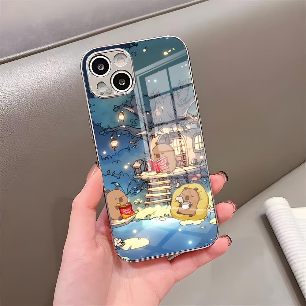 Cute Capybaras Phone Case For IPhone 17 Pro Max 15 Pro 16 14 Plus 12 13 Mini 11 Pro Shockproof Electroplated Glass Cover