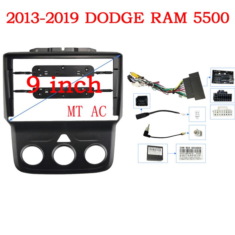 Car Radio Fascia Frame For Dodge Ram 1500 5500 2012- 9 inch 2DIN Stereo Panel Wiring Harness Power Cord Cable Canbus Decoder