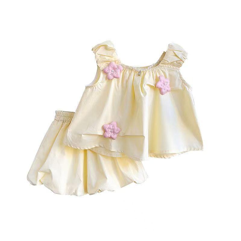 Модный костюм для девочек, летний детский повседневный милый комплект из двух предметов без рукавов с топом и шортами