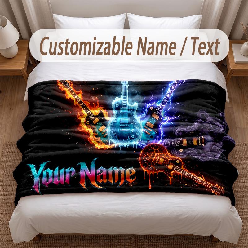 Music Guitar Theme Soft Blanket Personalized Custom Name Text Print Warm Blanket Home Sofa Bedroom Decor