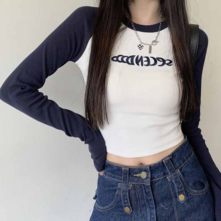 Футболка с буквенным принтом, женские весенние лоскутные топы с длинными рукавами, укороченный топ контрастного цвета в стиле ретро, ​​обтягивающий топ для девочек Y2K