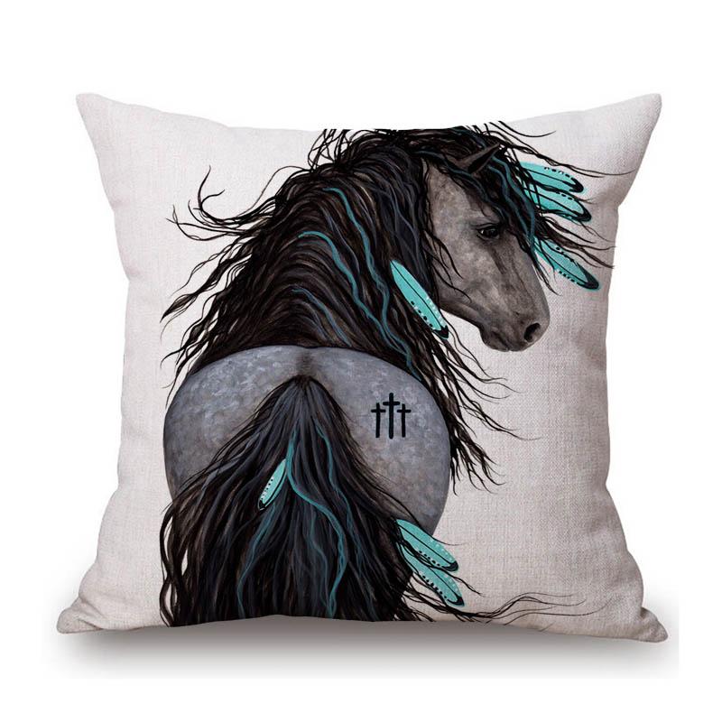 Mustang Horse Wild Horsemanship Club Decoration Art Sofa Throw Pillow Case Black White Elegant Linen Pony Cushion Cover