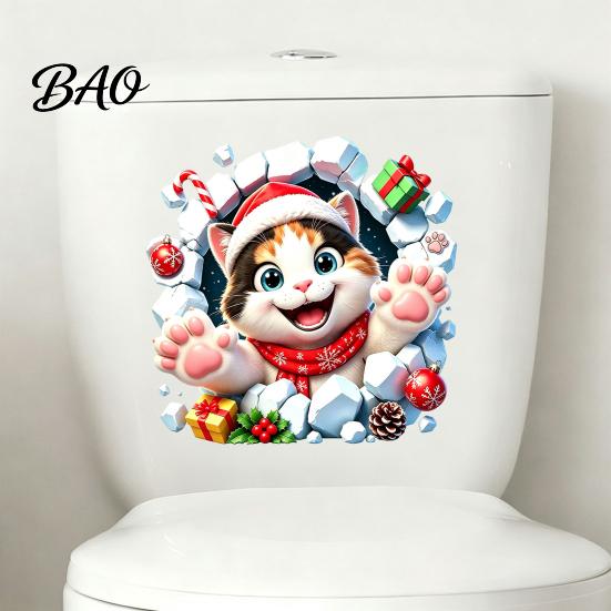 Creative Holiday Bathroom Accents Christmas Cat Toilet Seat Decal, 3D Break Through Wall Cute Kitten Self Adhesive Decors Tank Sticker, Self-Adhesive