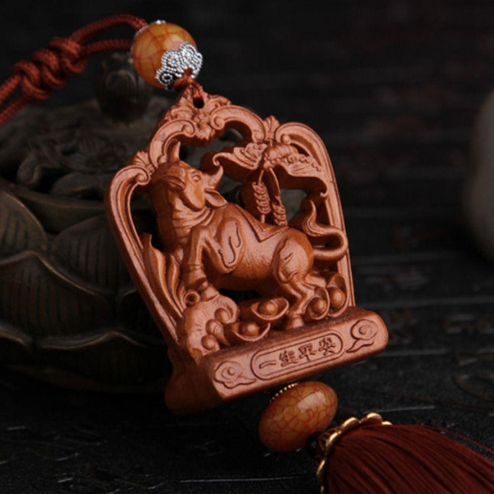 12 Zodiac Entering Safety Pendant Tassels Rearview Mirror Hanger Peach Wood Pendant  Women