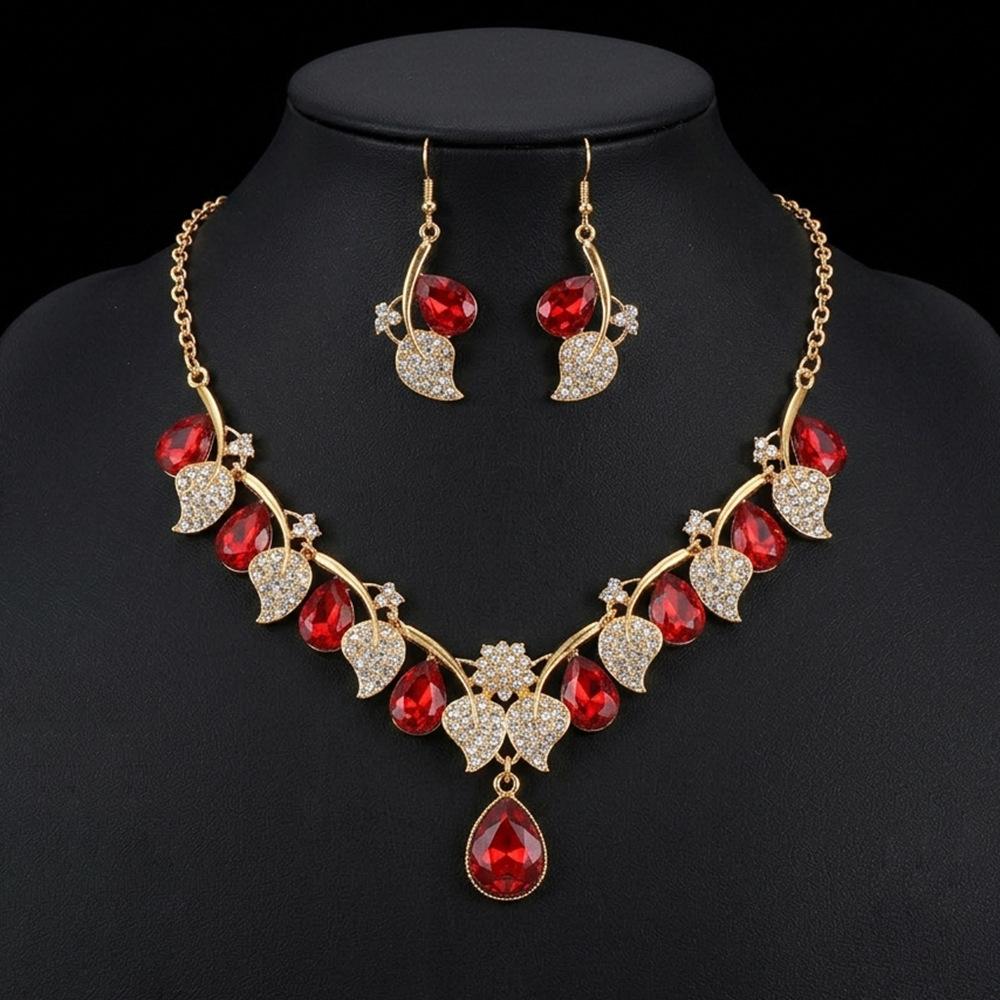 Europe and the United States popular bride jewelry gemstone water drop necklace earrings red series bright diamond jewelry set