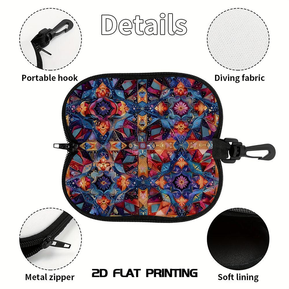 2D-Bohemian Geometric Floral Print Sunglasses Case, Vintage Kaleidoscope Pattern Eyeglass Pouch, Protective Zipper Eyewear Holder for Travel Gift