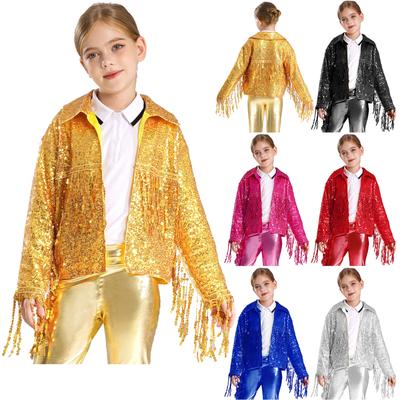 Костюм для девочек в стиле диско, жакеты с пайетками и бахромой, одежда для джаз-стрит, кардиган с открытым передом для вечеринки в стиле рейв