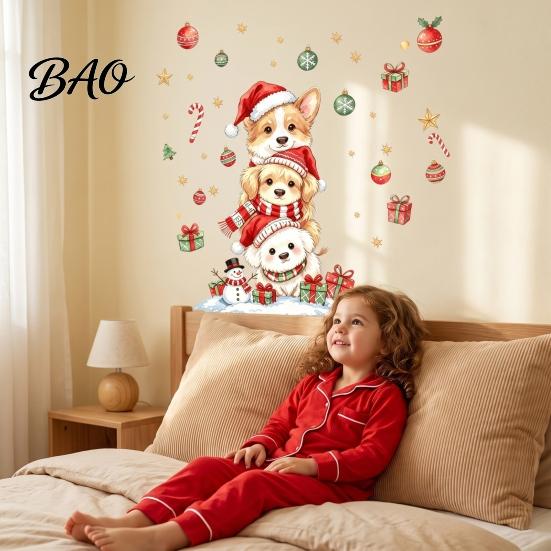 Watercolor Puppy Wall Stickers Christmas Decals, Stacked Dogs Stickers, Self?Adhesive PVC Xmas Reusable Door Decals for Bedroom Living Room