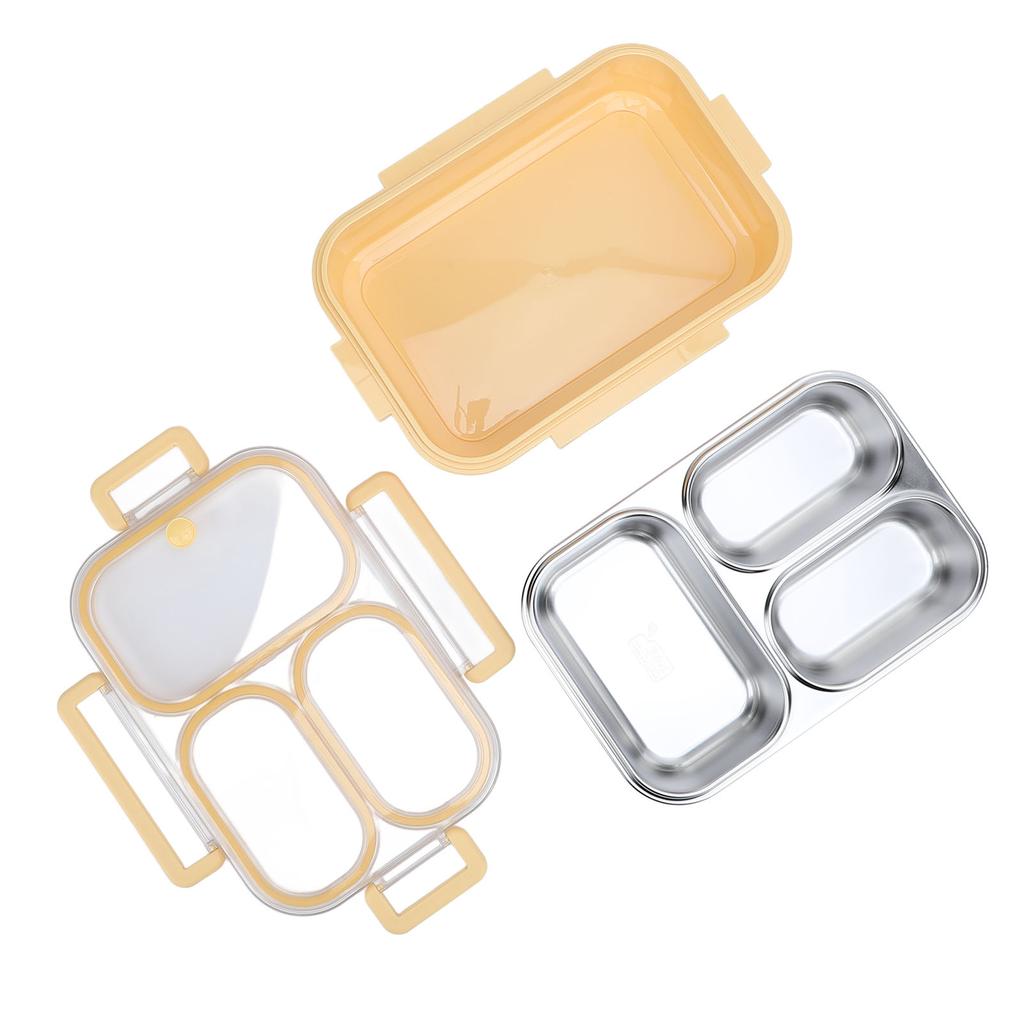 Divided Lunch Box 304 Stainless Steel Leakproof Heatable 3 Compartments Rectangular Food Container 1.2L Capacity