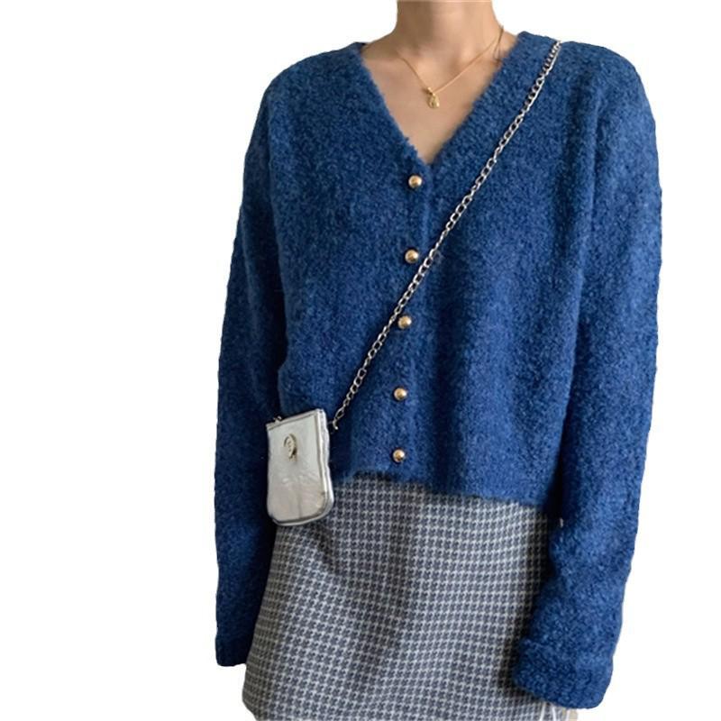Vintage V-neck Plush Knit Cardigan - Autumn/Winter Slimming, Single-Breasted, Long Sleeve, Loose Fit