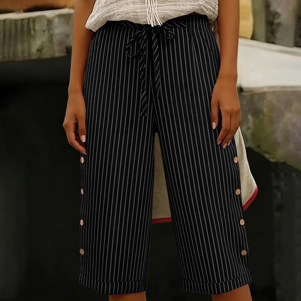 Women's Summer Fashion Striped Elastic Waist Five Quarter Pants Casual Loose Pocket Shorts