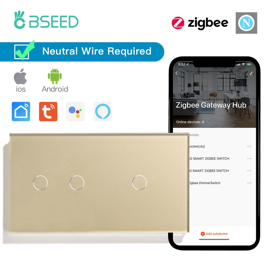 BSEED zigbee 1/2/3-клавишные умные сенсорные выключатели Управление через приложение Tuya Smart Life Плюс обычные розетки Стандарт ЕС Требуется нейтральный провод