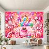 Birthday and Graduation Party Banner with Glittery Happy Birthday Sign, Layered Cake and Heart Balloons, Pink Confetti Bunting Backdrop for