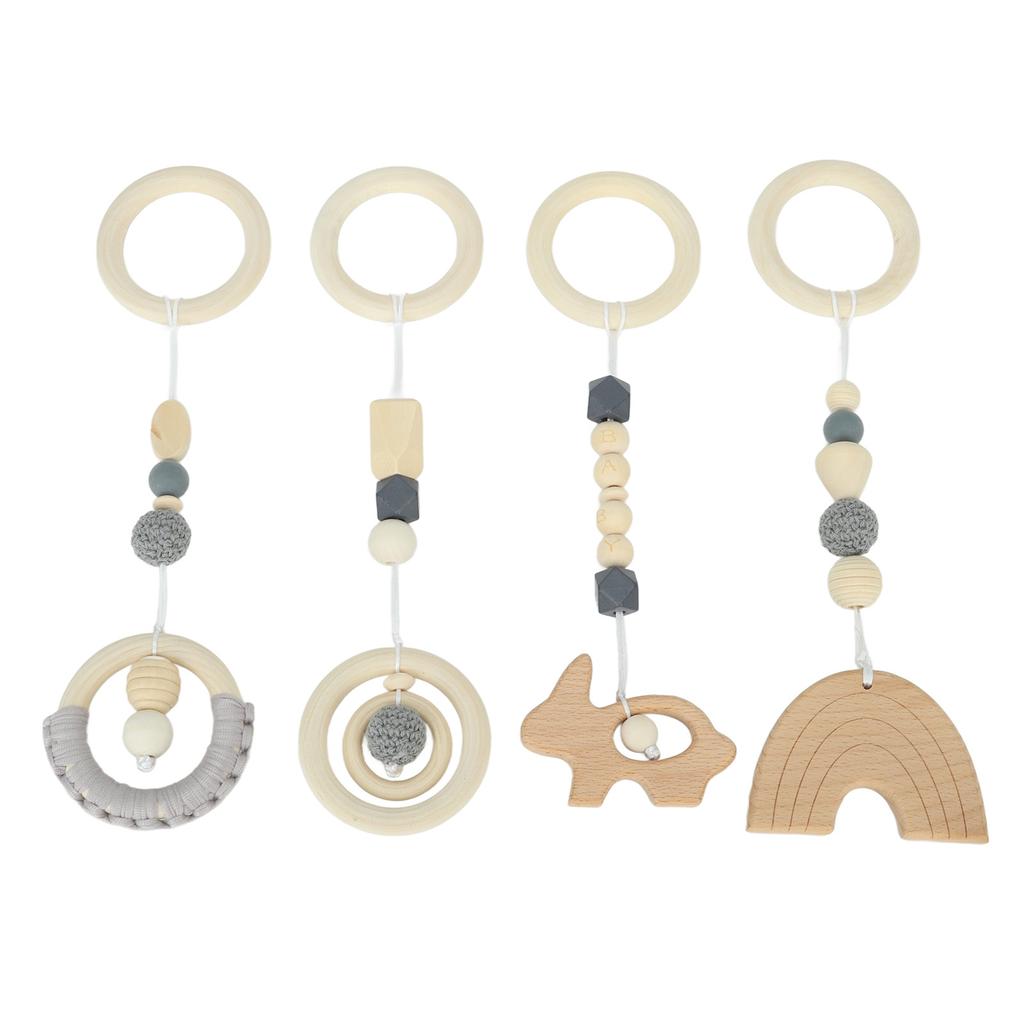 4pcs Stroller Pendant Toys Baby Play Gym Wooden Hanging Toys for Toddlers Infants Grey