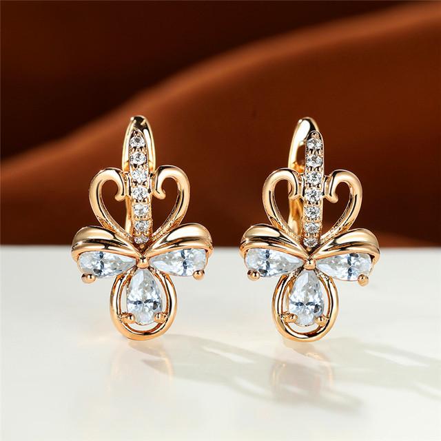 Роскошные женские серьги с радужным цирконием, маленькие серьги-клипсы цвета розового золота для женщин, изящные свадебные серьги с кристаллами и цветами