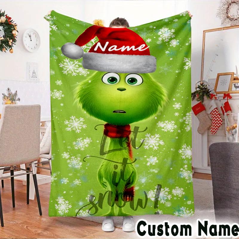 Custom NameChristmas Gri-nch Blanket Flannel Throw for Sofa, Indoor, Camping, Living Room, Office, Chair, And Bed Soft Birthday Christmas Gift