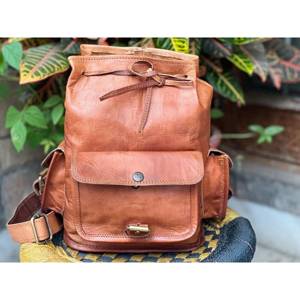 Leather Goat Backpack Bag Genuine Travel Laptop Men's Brown Rucksack Vintage